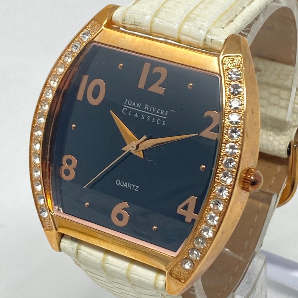 Joan Rivers Women 41mm Rose Gold Tone Black Dial Crystals Bling New Battery 8.5"